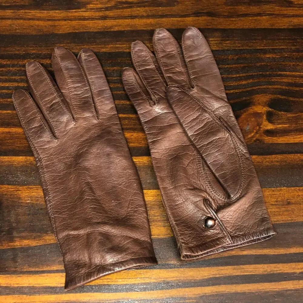 Vintage Van Raalte 100% Silk Brown Short Pair of Gloves Button Closure Formal